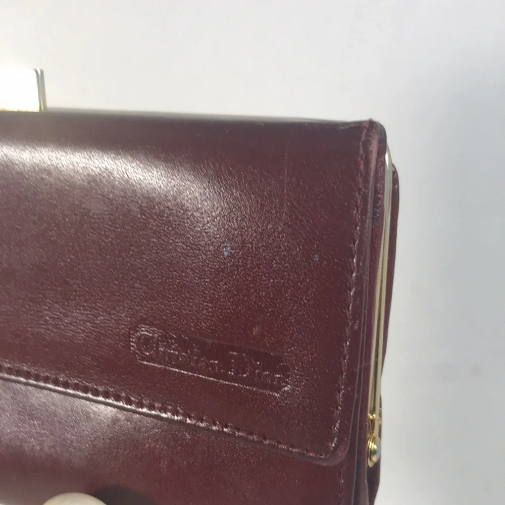 Christian Dior Vintage Burgundy Leather Trifold Kiss Lock Clutch Wallet